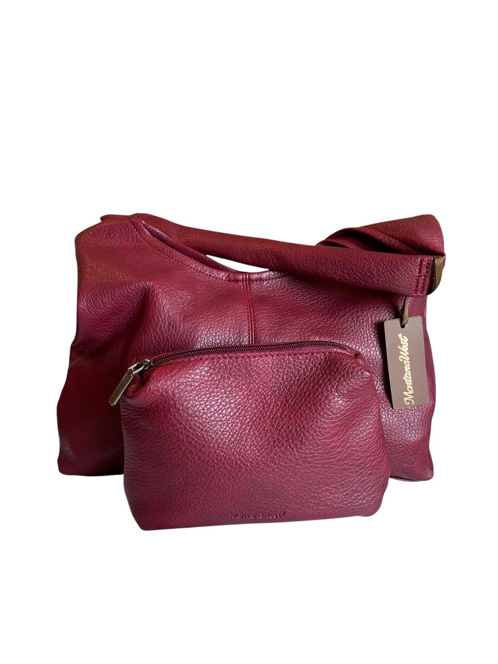 Montana West Burgundy Hobo Bag + Pouch/Clutch & Cowhide Hoop Earrings Set NWT